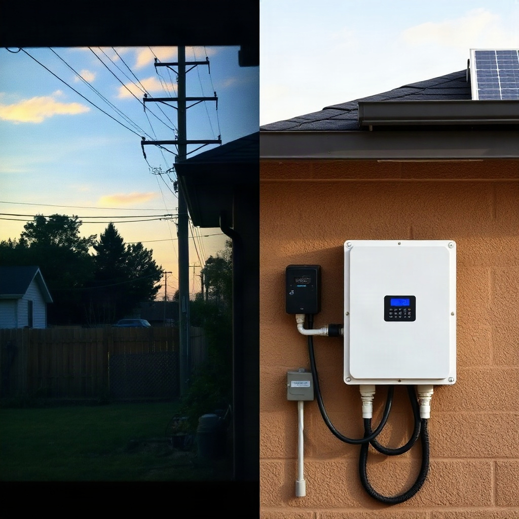 Split screen showing utility poles and power lines on one side and a home battery unit mounted on a garage wall on the other