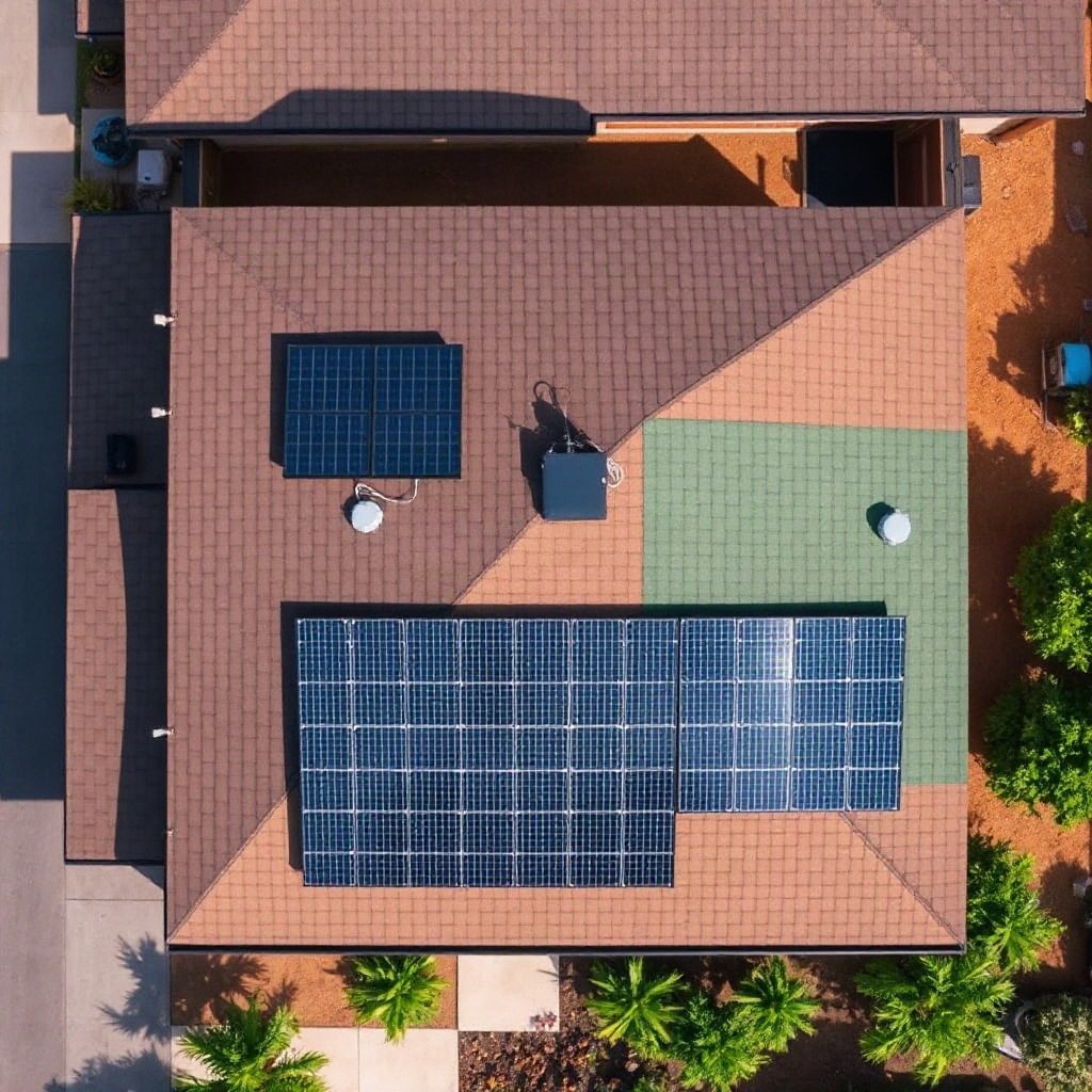 Overhead view of a residential roof with different colored sections indicating sun exposure and shaded areas