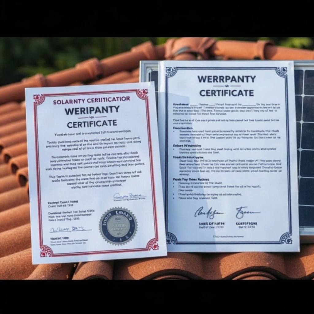 Warranty documentation or certificate next to a solar panel mounted on a roof